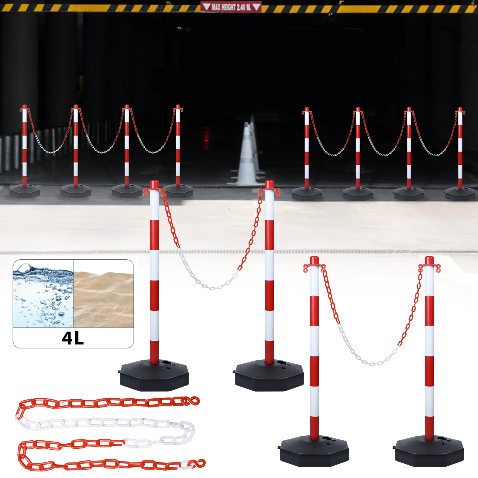 Poteau de signalisation avec chaîne, lot de 2/4 Wollards avec base, chaîne en plastique 2 × 1,4 m, support de chaîne mobile, barrière pour parking, sécurité de chantier, rouge/blanc