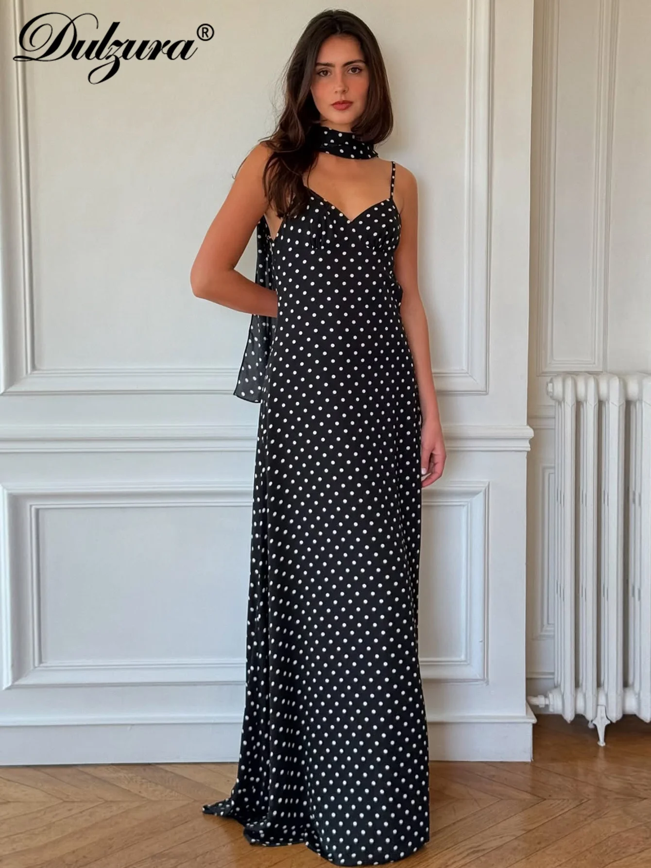 Dulzura ノースリーブバックレススリムジッパー水玉プリントリボンキャミマキシドレスセクシーエレガントカジュアルロングドレスパーティークラブ衣装