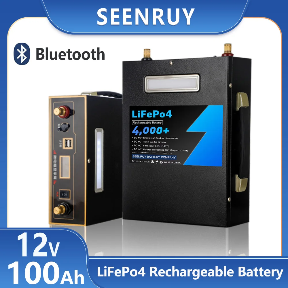 12v 100Ah Large capacity Lifepo4 Battery Pack Built in BMS Optional Bluetooth for RV Outdoor Campers with 10A Charger