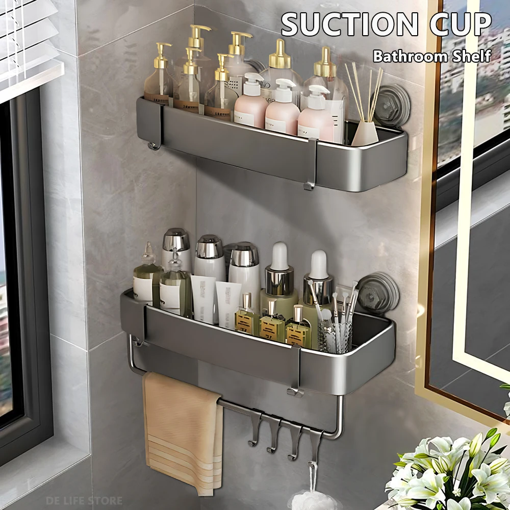 

Bathroom Shelf With Suction Cup Aluminum Corner Shelf Without Drilling Wall-Mounted Gray Bathroom Organizer Bathroom Accessories