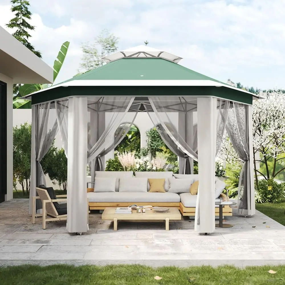 13'x13' Up Gazebo Hexagonal Outdoor Tent with Mosquito Netting Dual Vent Roo Awning Waterproo, UV Resistant Height Adjustable or