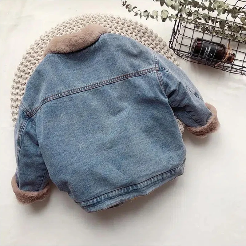 Autumn Winter Thicken Baby Boys Denim Jacket Plus Cashmere Warm Children Outerwear Fashion Coat 2 3 4 5 6 7 8 Years Kids Clothes