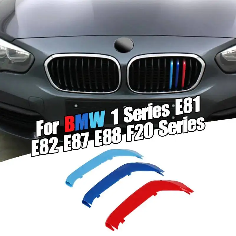 Front Bumper Grilles Trim 3PCS For BMW 1 Series E81 E82 E87 E88 F20 F40, ABS Tri-Colour Racing Strips With Clips, Exterior Styli