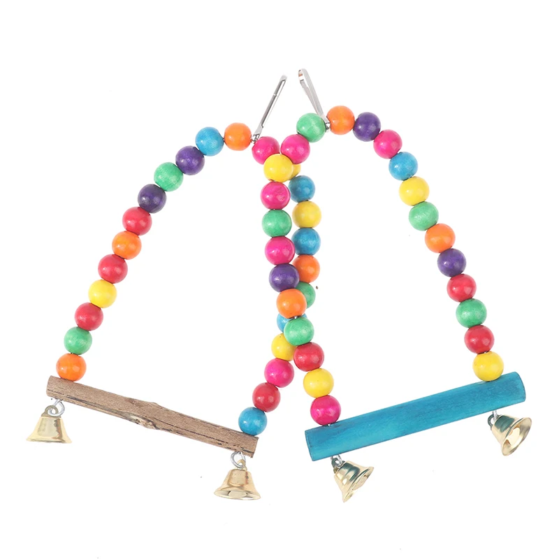 New 1PC Natural Wooden Parrots Swing Toy Birds Colorful Beads Bird Supplies Bells Toys Perch Hanging Swings Cage for Pets