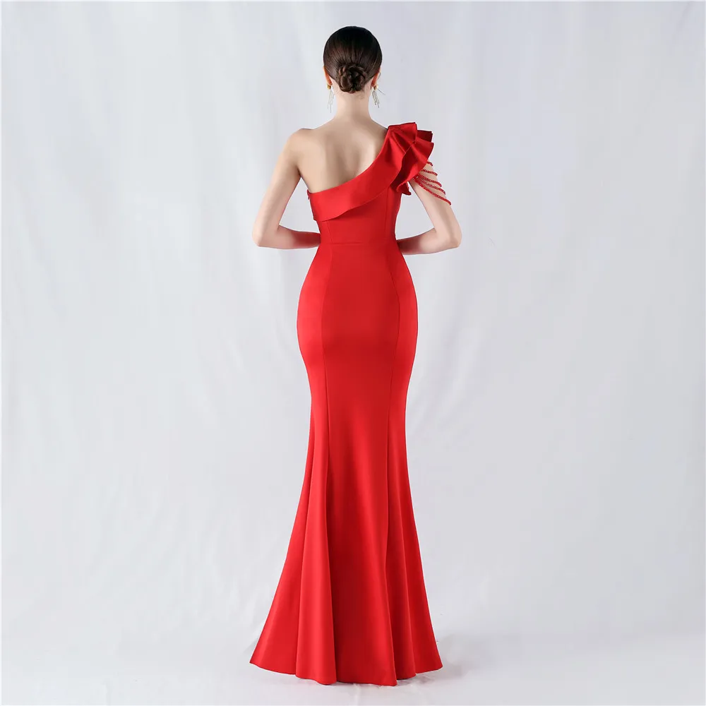 DEERVEADO 8 Colors Elegant One Shoulder Evening Dresses for Woman Soft Satin Simple Formal Dress Prom Party Dresses with Beads