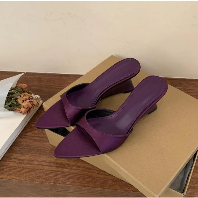 Summer Fashion Silks Wedges Sandals Outdoor Pointed Women Gladiator Slippers Ladies Banquet Dress Slides Female Open Toe Pumps