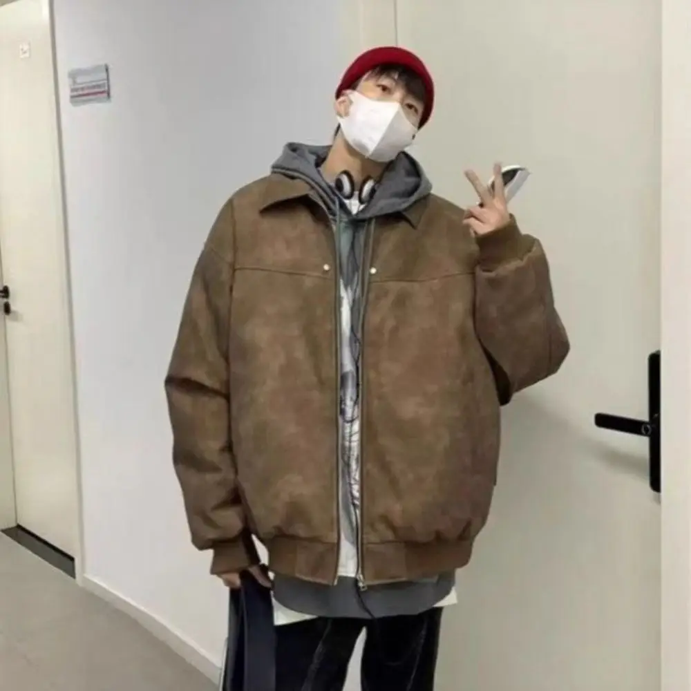 

Outerwear Loose Fit Men Jackets Solid Color Thick Turn Down Collar Jacket Long Sleeves Windproof Zipper Coat Daily Commute