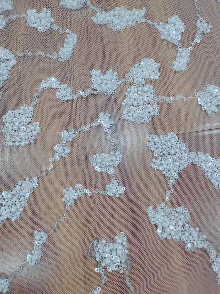 Gorgeous Heavy Beaded Wedding Lace White Fabric With Sequins and Pearls Bridal Fashion Lace Fabric
