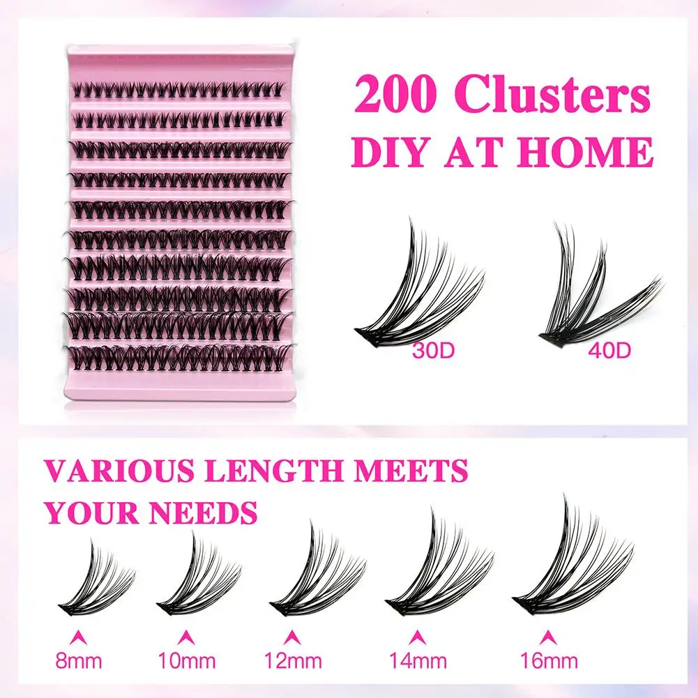 200개 속눈썹 클러스터 DIY 속눈썹 연장 키트 30D/40D 인조 속눈썹 메이크업 도구 속눈썹 접착제&속눈썹&핀셋