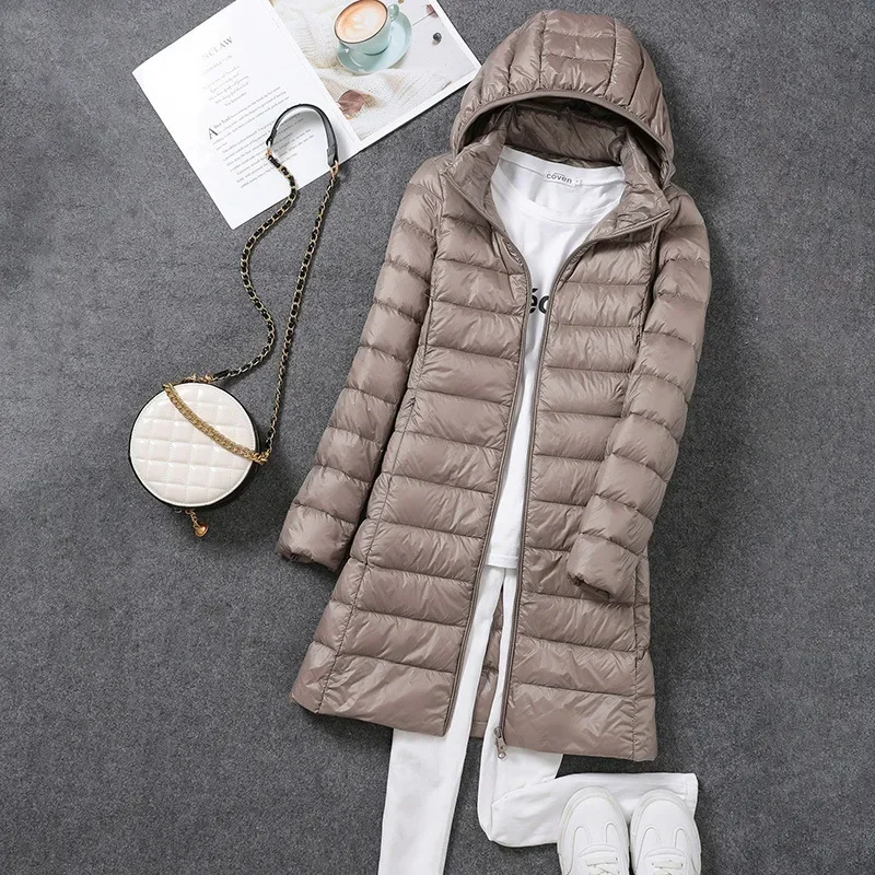 2023 Women Spring Jacket Ultralight Thin Packable Down Long Jacket  Female Hat Detachable Slim Fit Skirt Coat Portable Outwear