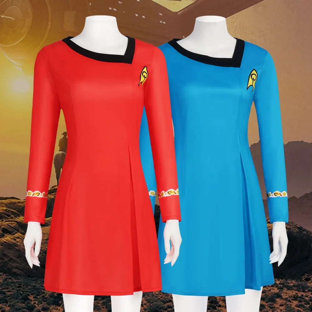 

Movie Star Cosplay Dress Duty Trek Costume TOS Female Sci-Fi Crew Uniform Blue Red Startreks Female Uniform Dresses for Women