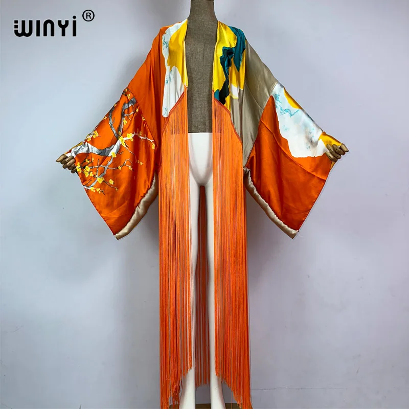 WINYI kimono moda boho letnie stroje plażowe letnie klasyczny nadruk osłona do Bikini sweter seksowne wakacje z długim rękawem sukienka z frędzlami