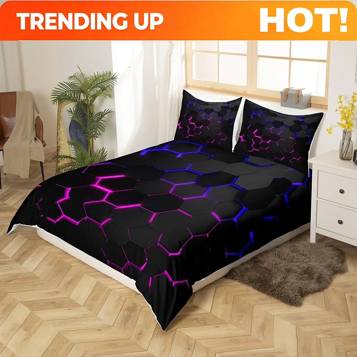 Customize 3D Honeycomb Duvet Cover Set Twin/Full/Queen Size Hexagon Theme With Pink Purple Neon Lights Comforter Cover, Women Ma