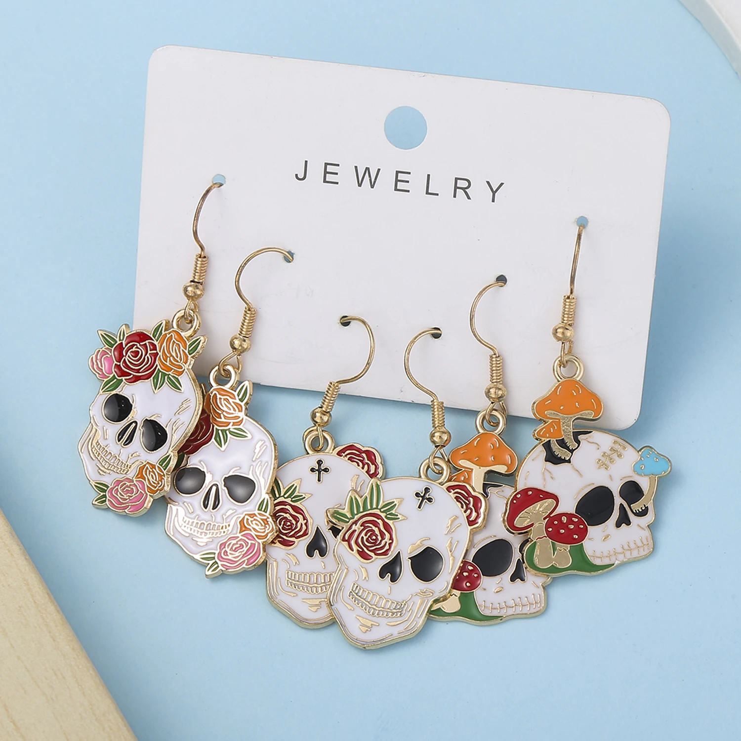 3 Pairs of Alloy Enamel Colored Halloween Flower Skull Dangle Earrings Set Charms And Interesting Jewelry Girl Gift