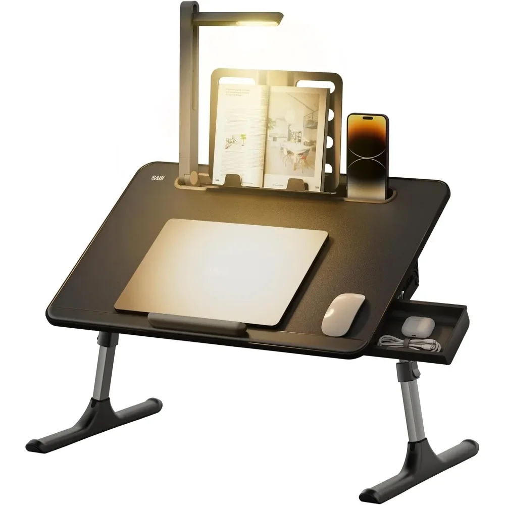 Laptop Table with LED Desk Light, Laptop Stand for Bed, Height Adjustments Bed Desk with Book Stand for