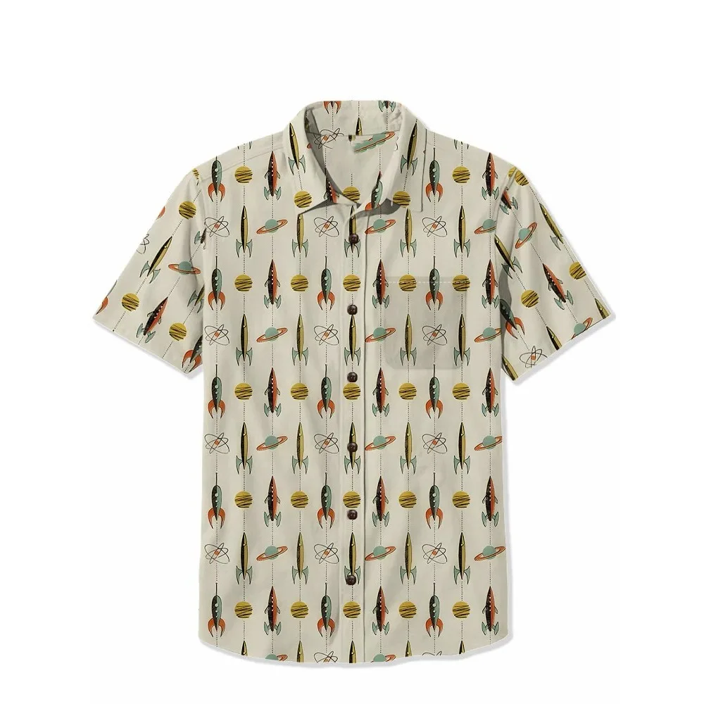 1950s Spaceship 100% Cotton Shirt Retro Racing Men\'s Hawaiian Shirt Summer Short Sleeve Button Down Casual Shirt Tropical Tops