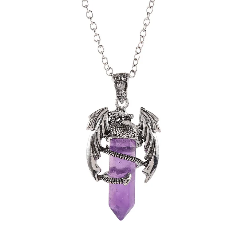 Natural amethyst, pink crystal, white crystal, pterodactyl hexagonal column necklace jewelry