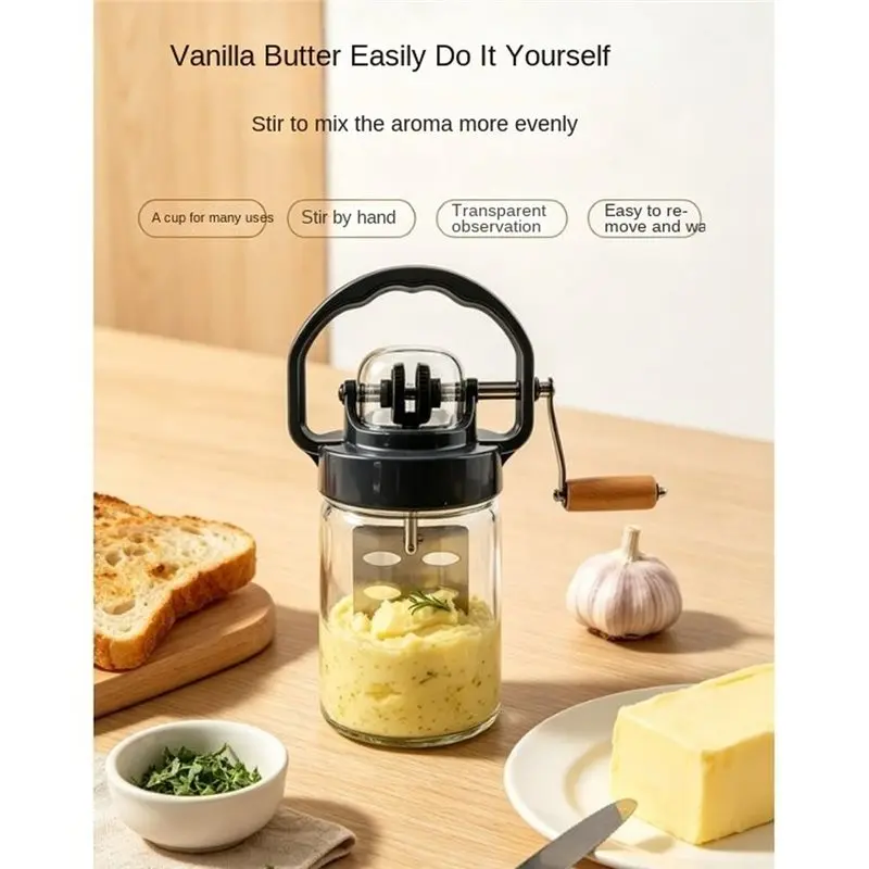 L60A Manual Glass Butter Mixer With Wooden Handle, Manual Masons Jar Butter Mixer, Hand-Cranked