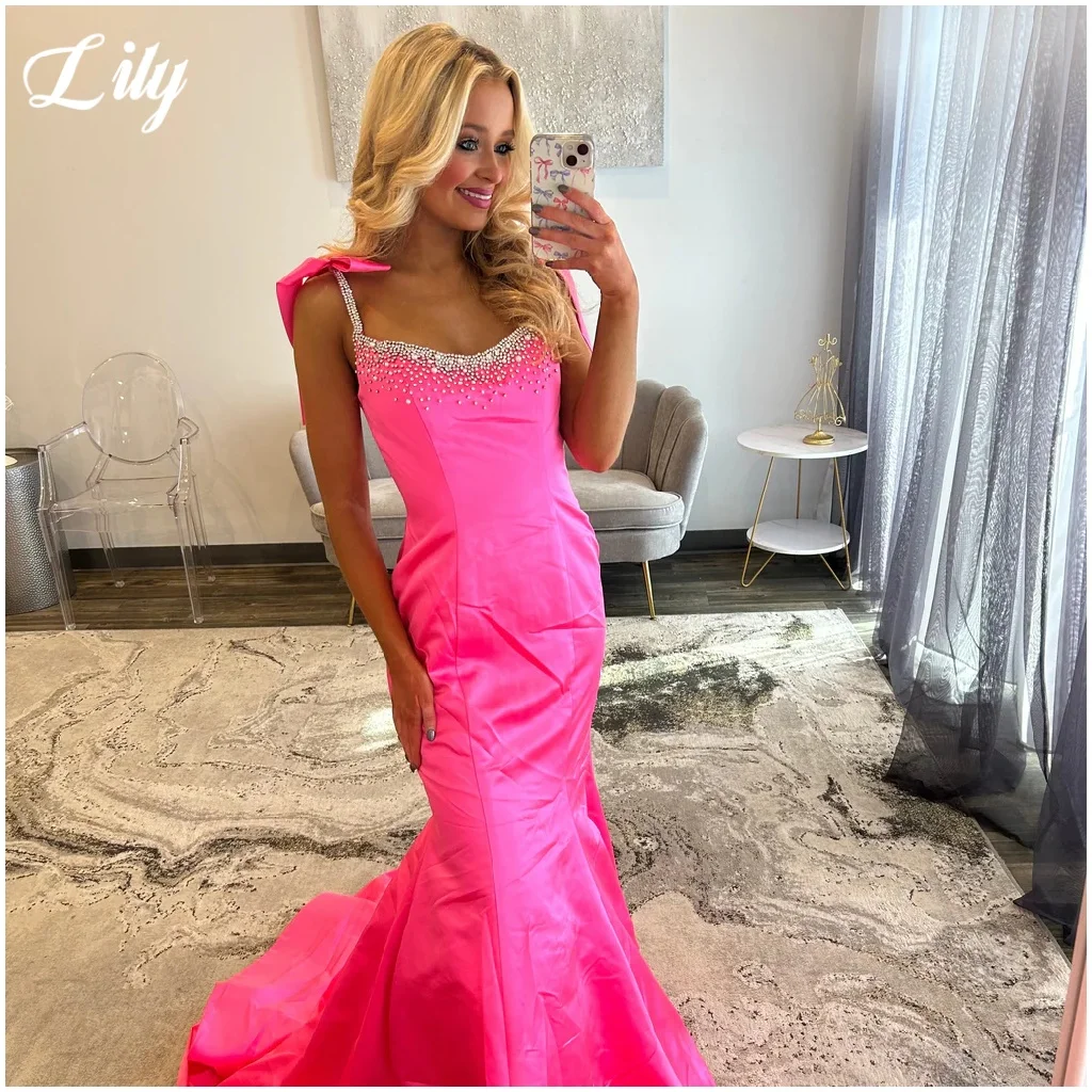 

Lily Pink Satin Prom Dress Bow-Tie Beaded Floor-Length Mermaid Evening Gown Available in Multiple Candy Colors Dress Customized