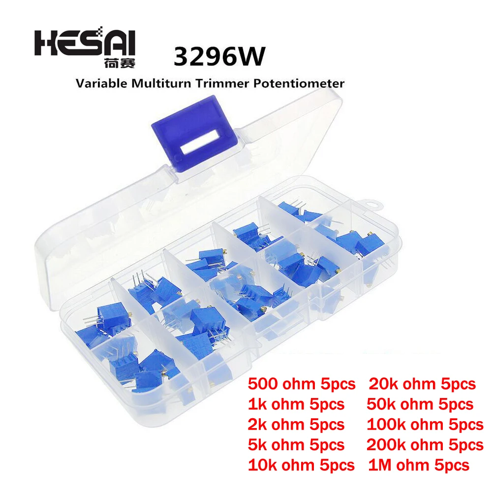 50PCS 3296W Multiturn Trimmer Potentiometer Kit High Precision 3296 Variable Resistor 500R 1K 2K 5K 10K 20K 50K 100K 200K 1M