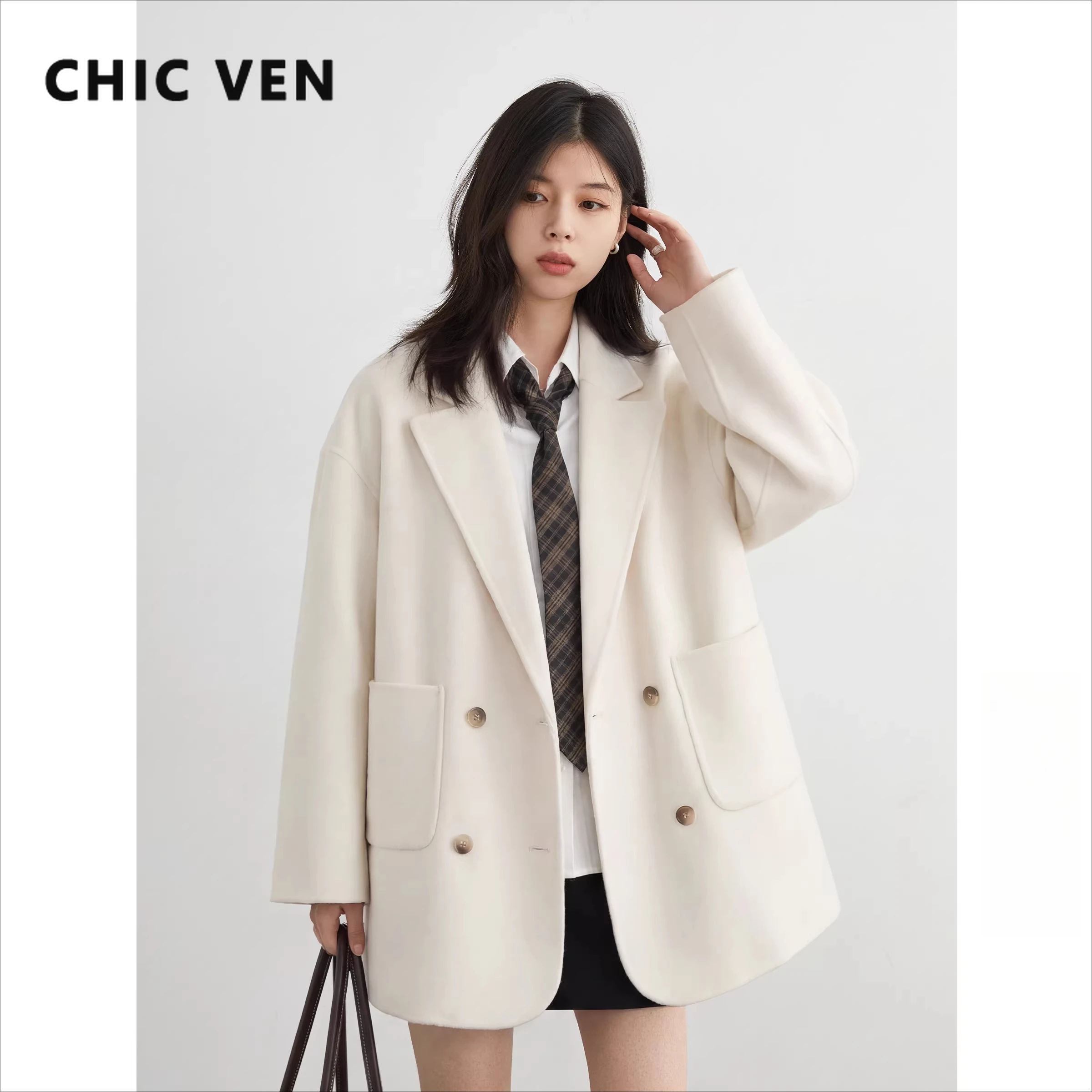 

CHIC VEN Новое женское шерстяное пальто свободного кроя, однотонное, средней длины, двустороннее, оверсайз, для офиса, осенне-зимняя коллекция 2026