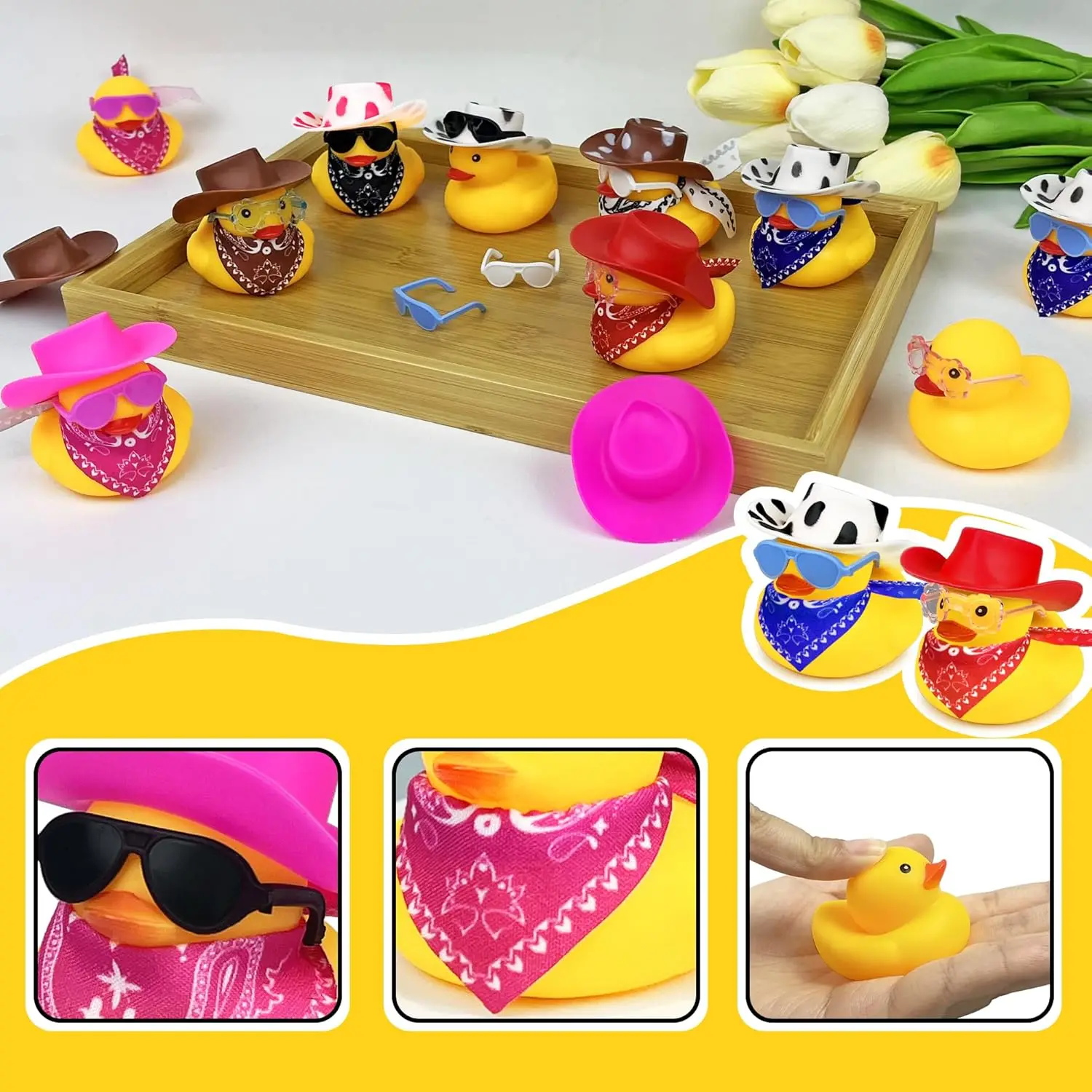 12 PCS Cowboy Duck with Hat and Sunglasses Mini Duckies Toys for Birthday Swimming Party Gift Favor