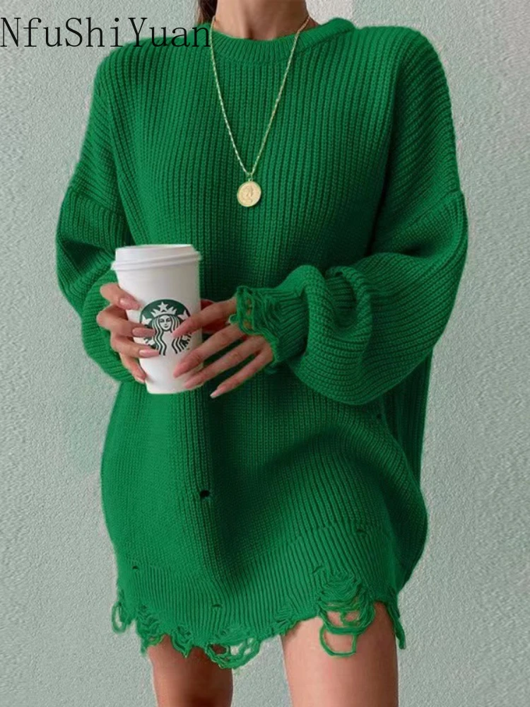 Korea Fashion Autumn  Winter New Solid Color Round Neck Long Sleeve Hem Hole Loose Knit Pullover Sweater Women Oversized Sweater