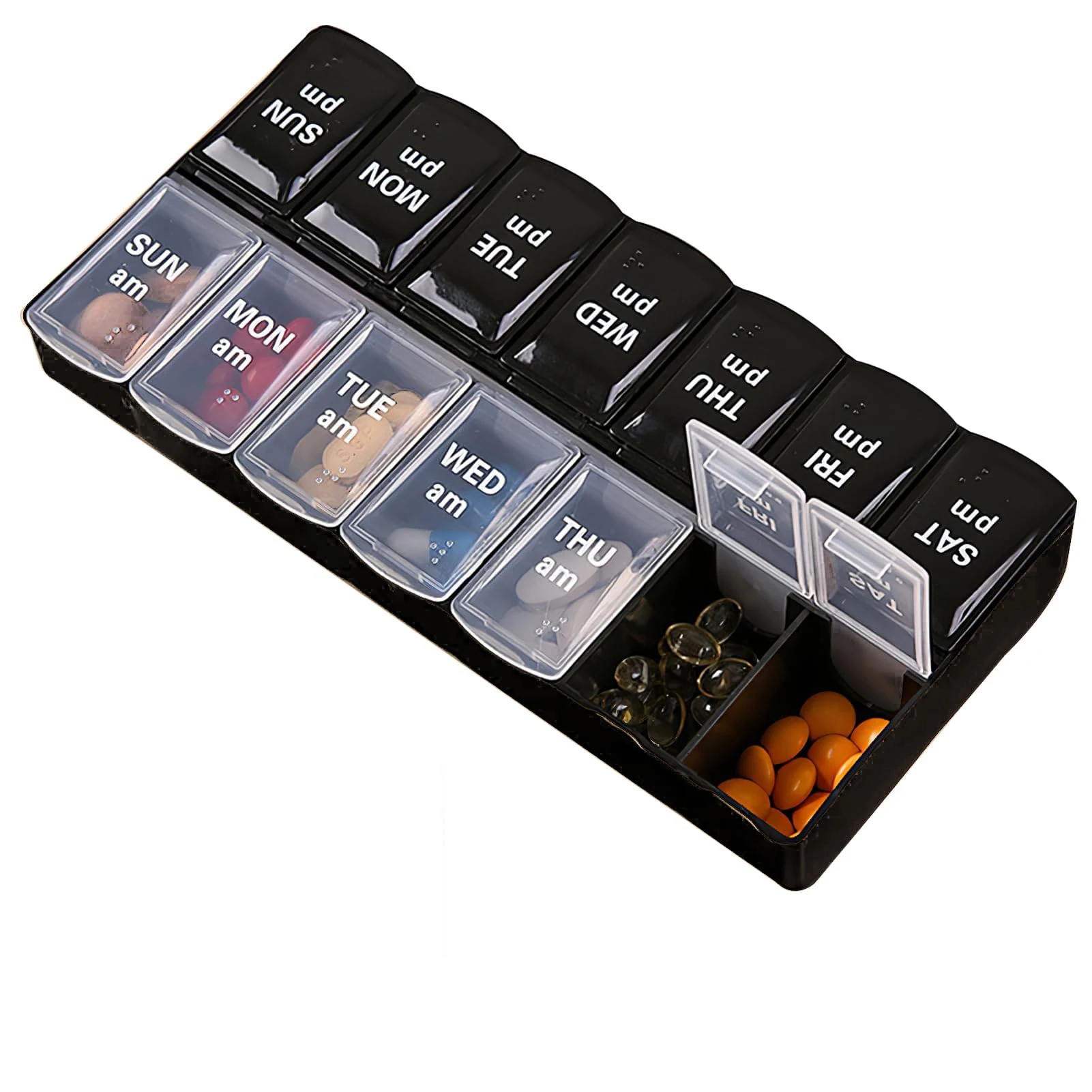 Weekly Pill Organizer 2 Times a Day Easy Fill & Open AM/PM Medicine Box 7 Day Vitamin Cases Day and Night 14 Compartments