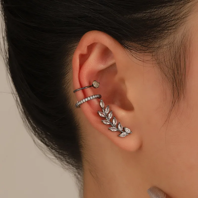 3pcs/set No Piercing Ear Cuff Set Leaf Crawler Earrings Zircon 18K Gold Plated Waterproof Non Tarnish Jewelry