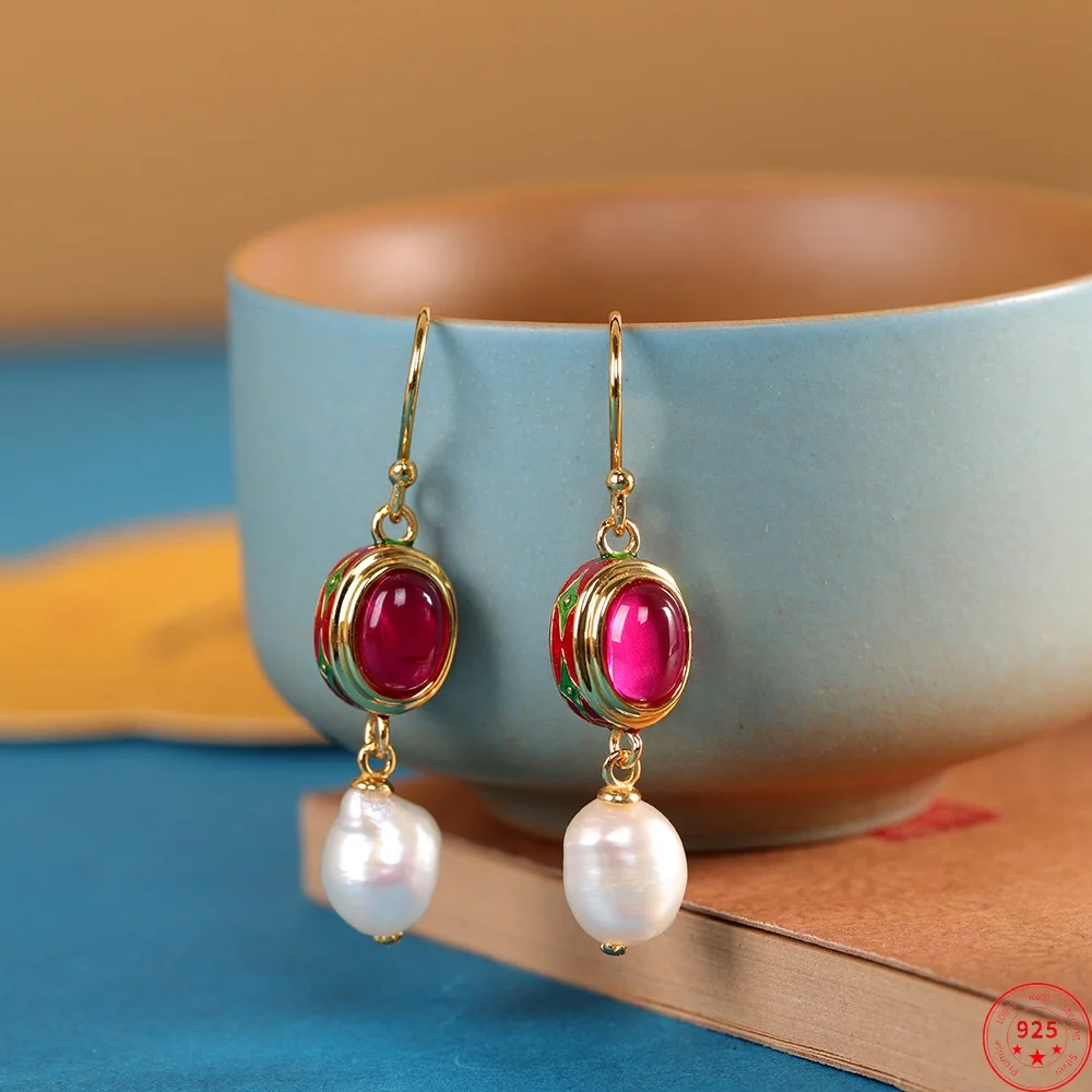 

S925 Sterling Silver Drop Earrings for Women Enamel Pattern Inlaid Red Corundum Baroque Pearl Ear Drop Fashion Jewelry Wholesale
