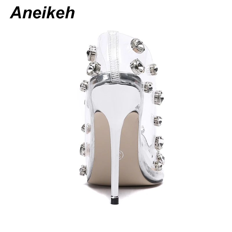 Aneikeh Sexy Rivet Crystal Women Pumps PVC Transparent High Heels Sexy Nightclub Prom Female Sandals Party Wedding Shoes 35~42