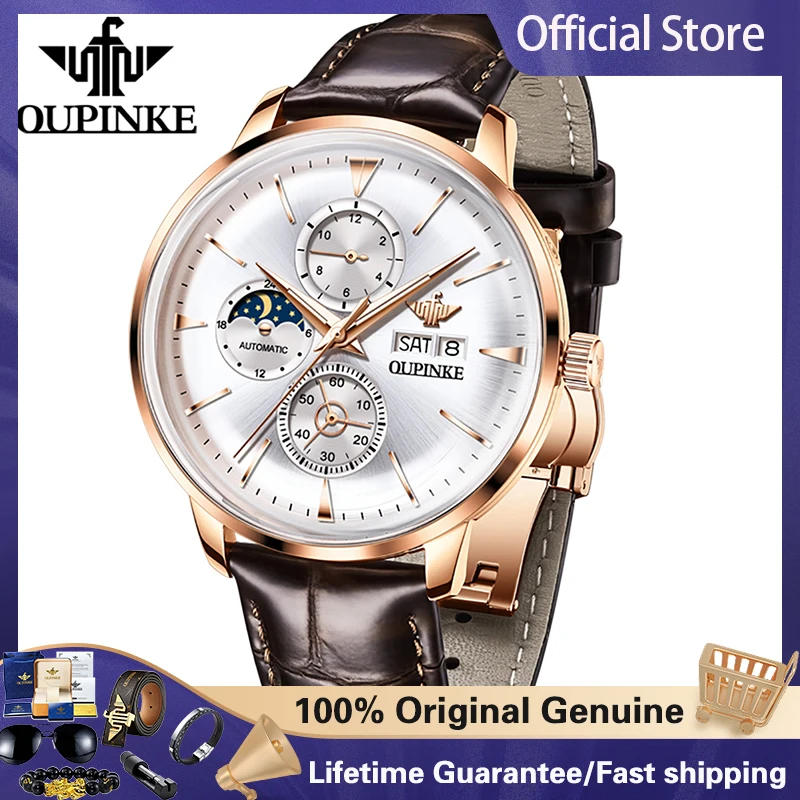 OUPINKE Top Brand Luxury Mens Watch Original 50M Waterproof Luminous Moon Phase Wristwatch Automatic Mechanical Mens Clock 3309