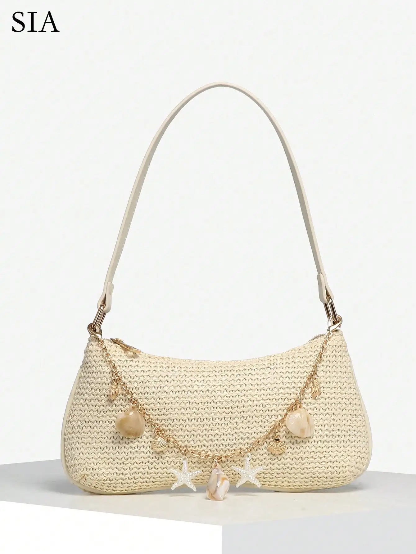 

Cream Woven Crossbody Bag with Seashell & Starfish Charms for Beach Vacation