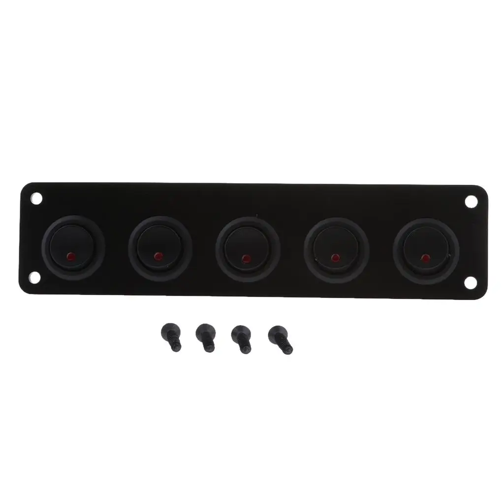 5-Gang Round ON/OFF Rocker Toggle Switch Panel LED Light 12V แผงอลูมิเนียมวัสดุ ABS ทนทานกันน้ำ