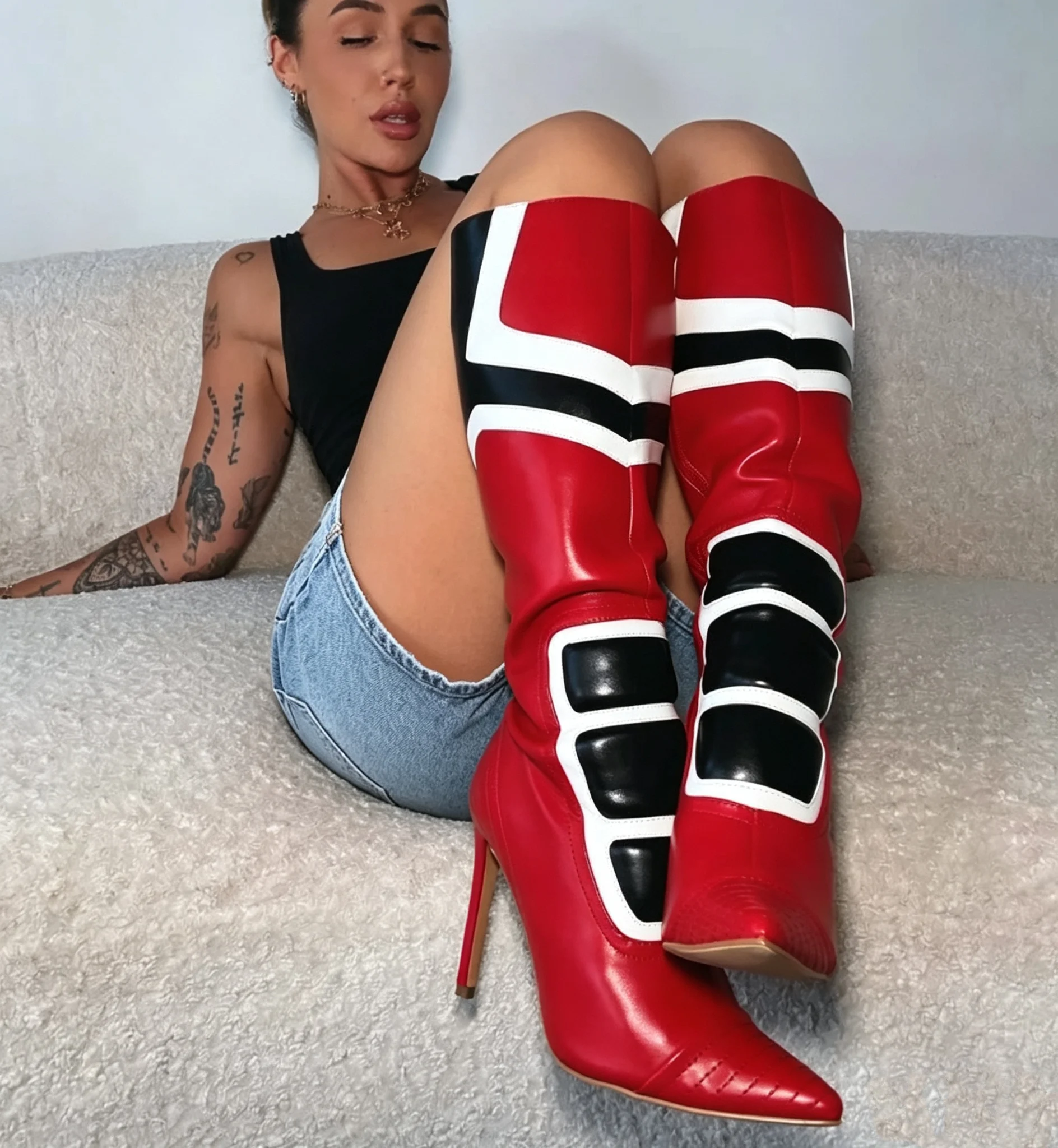 Women's Red mixed colors chic Motorcycle boots pointy toe white/black leather zipper long boots luxury designer party shoes