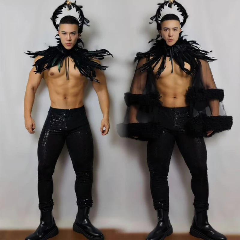 Nachtclub Bar DJ Halloween Pole Dance Kleidung Männer Feder Top Pailletten Hosen Gogo Kostüm Bühne Leistung Rave Outfit XS10398