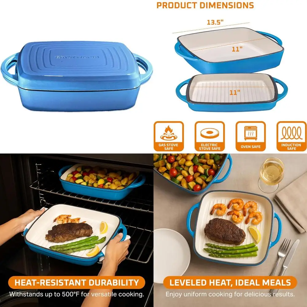 

Универсальная чугунная голландская духовка с антипригарным покрытием и грилем, предварительно приправленная квадратная сковорода, набор посуды с двойной ручкой для универсального приготовления пищи