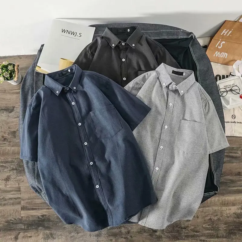 Japanese Style  Color Pocket Short Sleeve Loose Fit Men's Shirt Half Sleeve Five Points Summer Trend Couple's Outerwear
