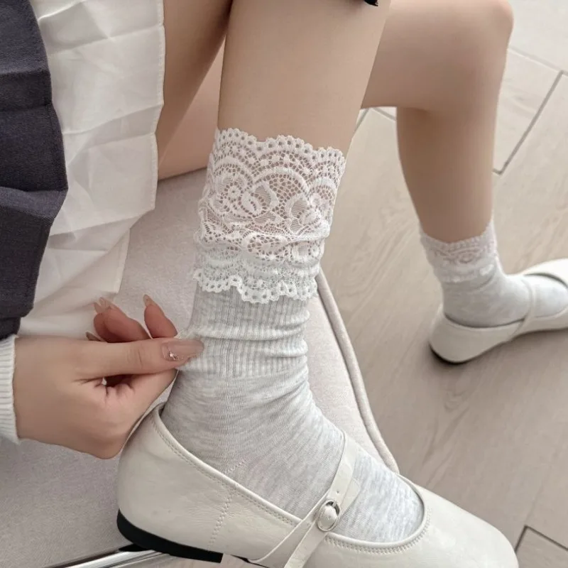 2 Pairs 2025 Fall Winter Women's Mid-Calf Lace Socks Korean-Style Long Cotton Slouch Socks Warm Socks with A Frill High Quality
