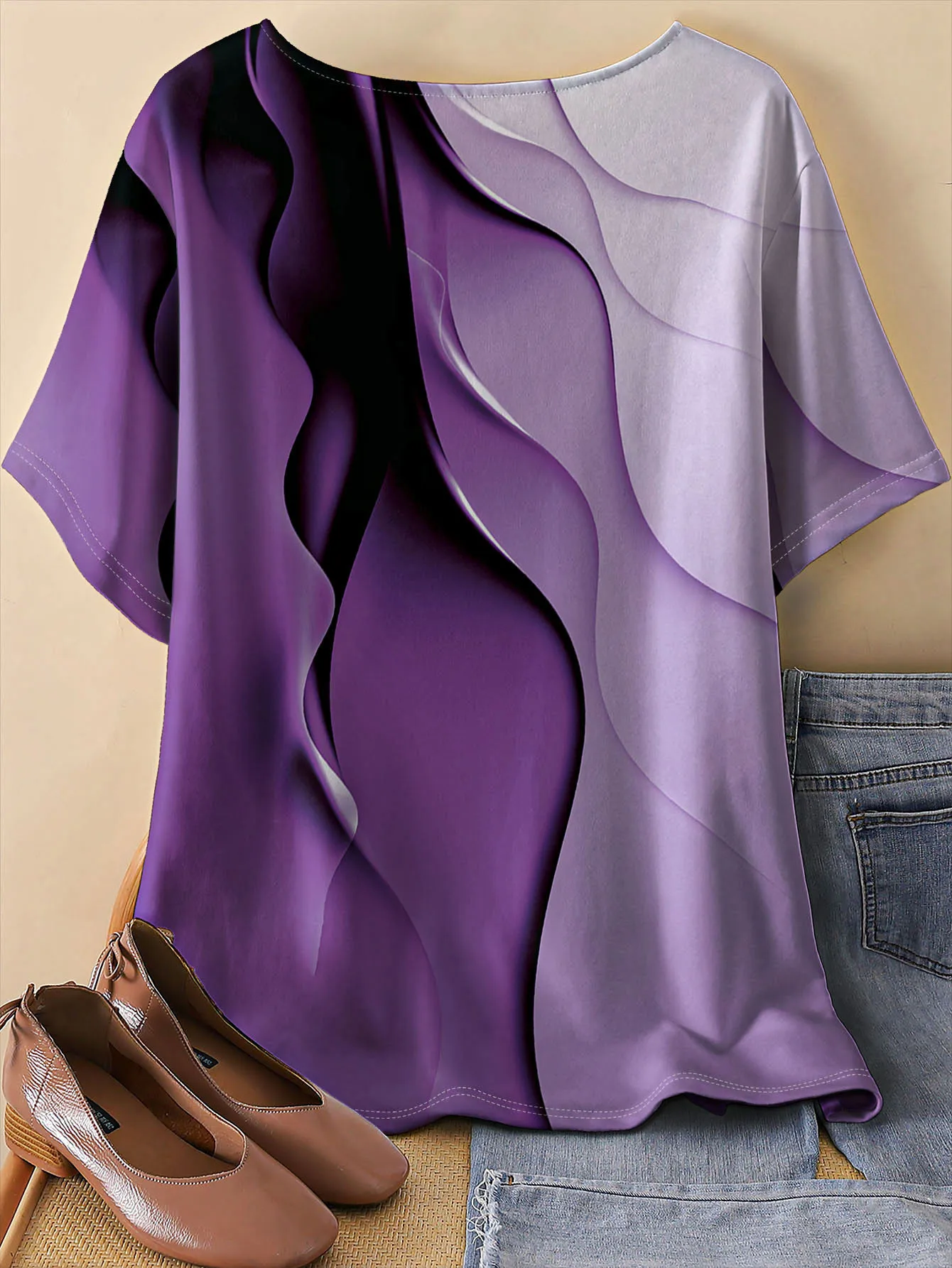 Women Short Sleeve T‑Shirt Gradient Purple Abstract Wave Line Print Round Neck Loose Casual Summer Daily Blouse Tops