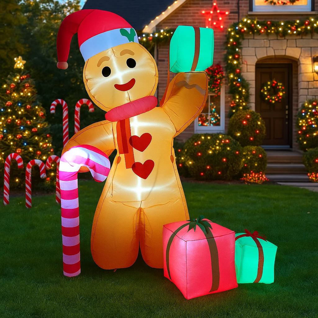 2.4M/7.8FT Inflatable Gingerbread Man Candy Cane with Gift Lights LED Home Decorations Toys Yard Xmas Holiday Decor Supplies