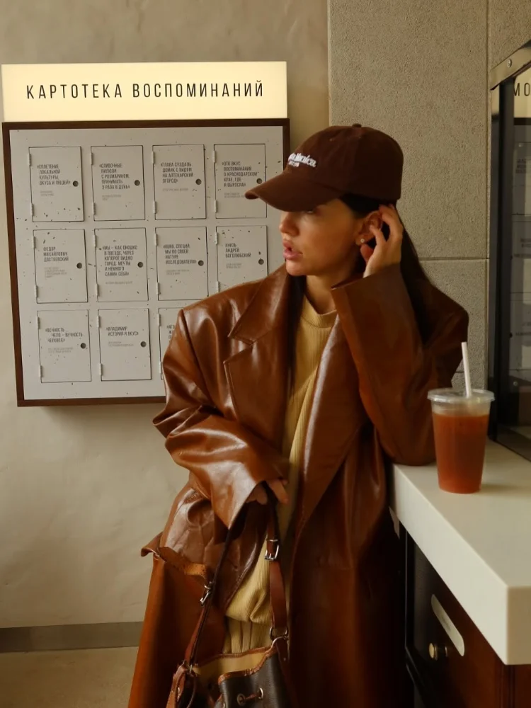 

Women Brown Short Pu Leather Coat Fashion Lapel Long Sleeve Single Breasted Pocket Loose Jacket Autumn Lady Street Outerwears