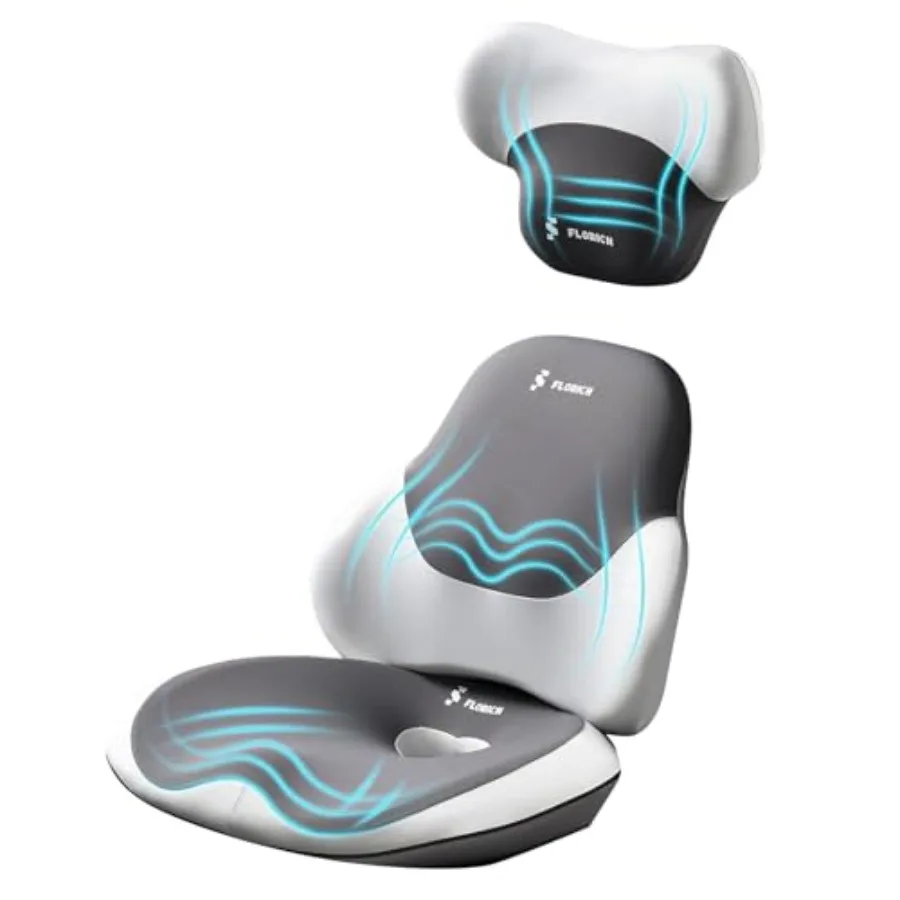 

Office Chair Seat Cushion with Lumbar Support and Neck Headrest Pillow Kit in Gray for Long Sitting Driving Memory Foam Sciatic