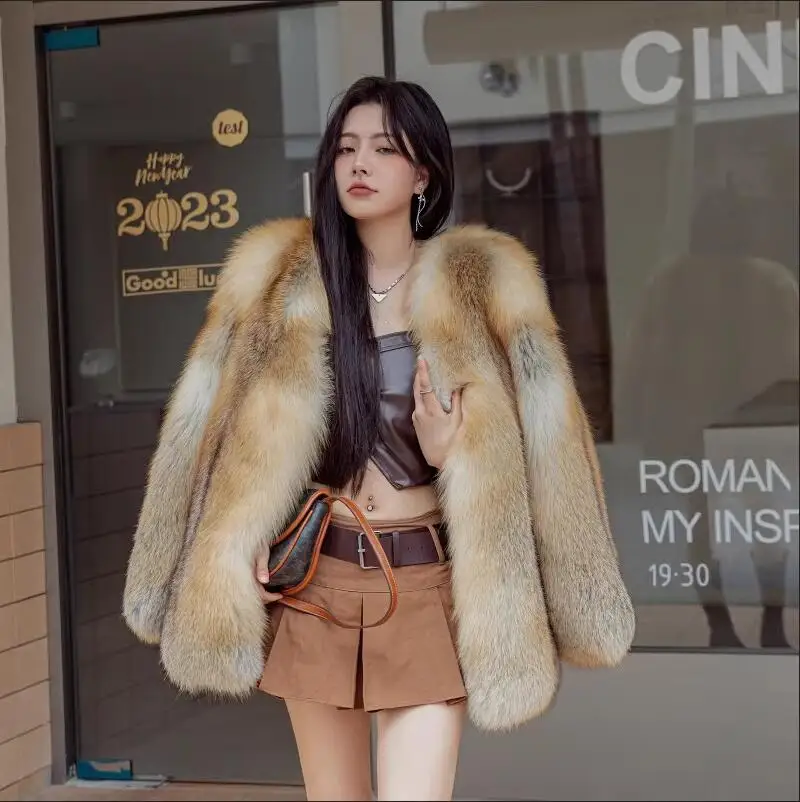 Real Golden Fox Fur Coat Women Winter Long Sleeve Natural Fur Luxury Jacket Fluffy Thick Top