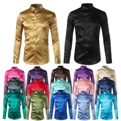 Chemise en Soie pour Homme, Vêtement en Satin Lisse, Tenue Solide, Ensemble Décontracté, Slim Fit, Couleur Or brillant, Complément de Marié, 2022