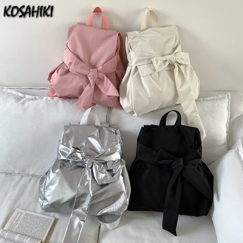 Korean Nylon Simple Sweet Bow Backpack Girls Casual Travel Streetwear Backpacks Y2k Aesthetic Ins Fashion Chic Schoolbags Female