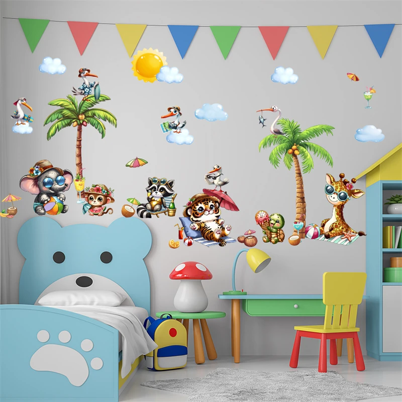 Summer Jungle Animals Wall Sticker Cute Tiger Giraffe Elephant Pattern Palm Tree Mural Art Kids Room Background Home Decoration