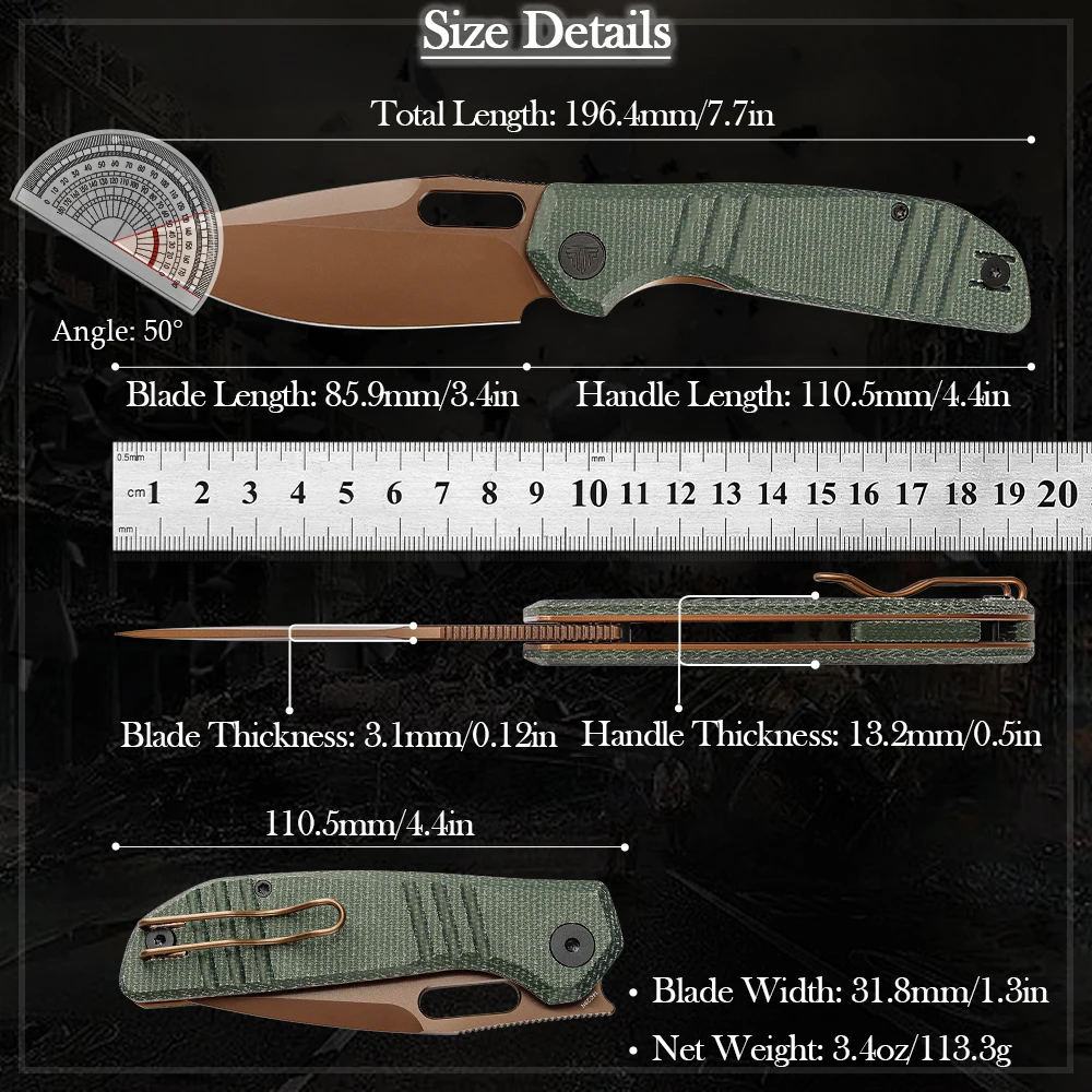TRIVISA High Quality Gecko Utility Knife with Clip 14C28N  Blade G10  Micarta Handle Fishing  Survival Camping Outdoor EDC Tools