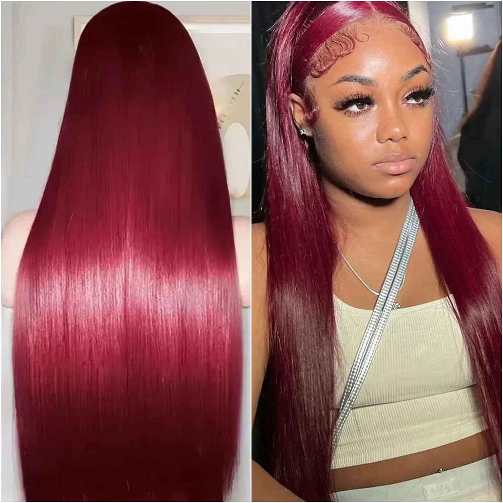 

99J Бургундский парик из 100% натуральных человеческих волос, 13x6 HD Lace Frontal, идеально прямой, с предварительно выщипанной линией роста, плотность 200%, 40 дюймов, для женщин