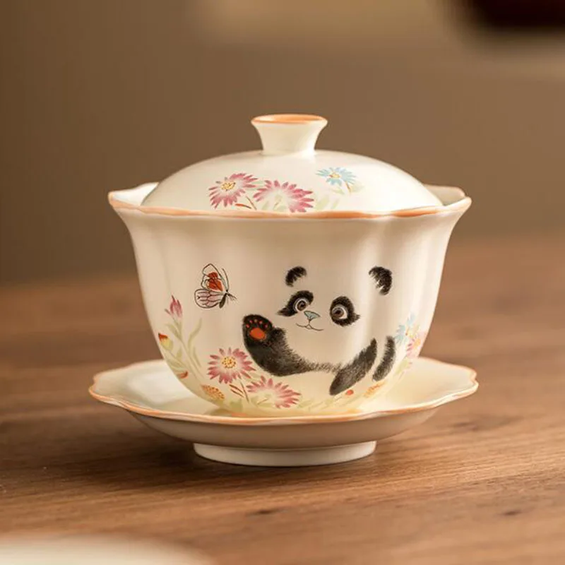 Beige Porcelain Panda Pattern Sancai Gaiwan Kungfu Tea Cup Tea Tureen infuser Bowl Kitchen Drinkware